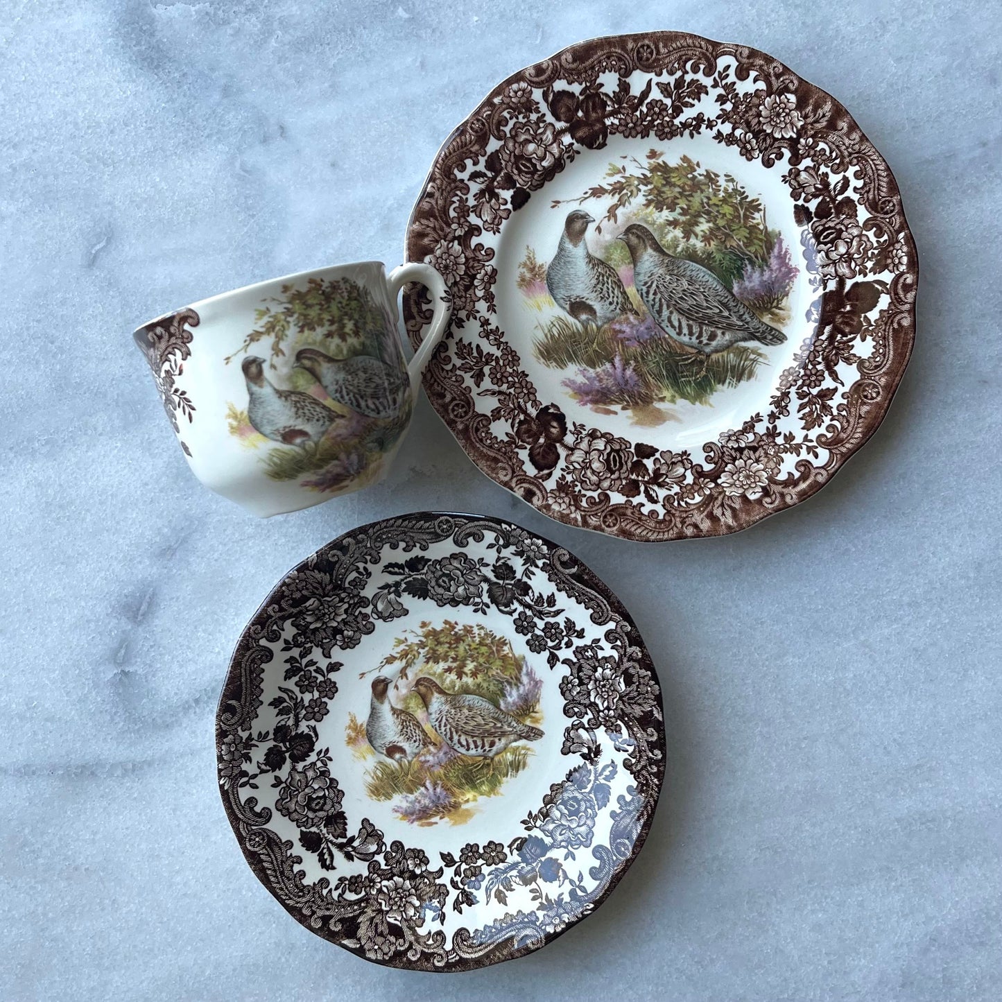 🇬🇧ロイヤルウースター パリッシー ゲームシリーズ ウズラ カップ、ソーサー、サイドプレートのトリオ