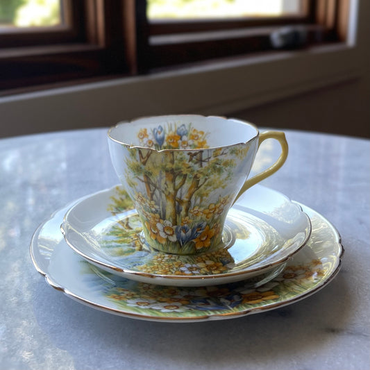 🏴シェリー ダッフォディルタイム デミタスカップ、ソーサー、サイドプレートのトリオ