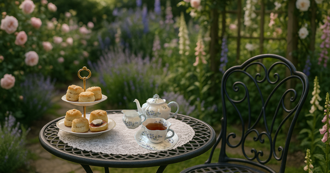 淡いブルーのティーセットでガーデンティータイム